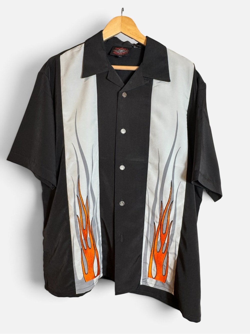 Vtg Dragonfly Flame Bowling Shirt Black Fire Button Up Mens L